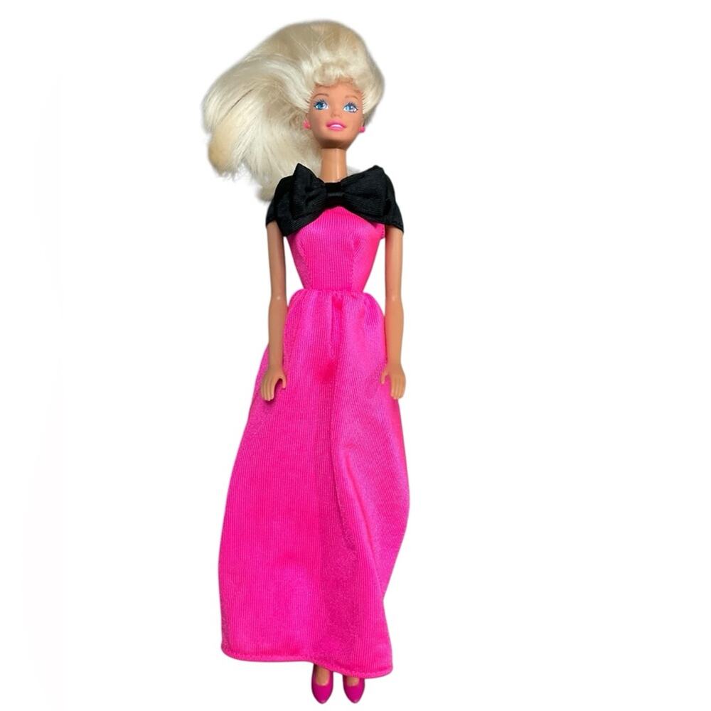 Barbie Pink Dress Black Bow Doll Evening Gown EUC